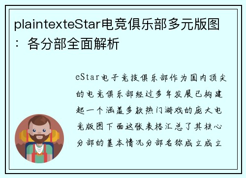 plaintexteStar电竞俱乐部多元版图：各分部全面解析